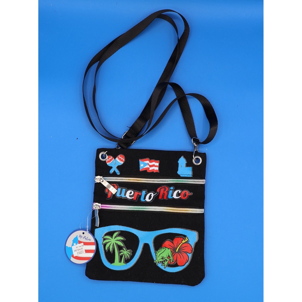Puerto Rico Souvenir Black Crossbody Bag with Sunglasses Palm Trees Frog Hibiscu
